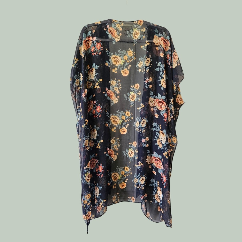 Mudd Navy Blue Floral Sheer Chiffon Kimono Wrap Crochet Trim Open Front OS